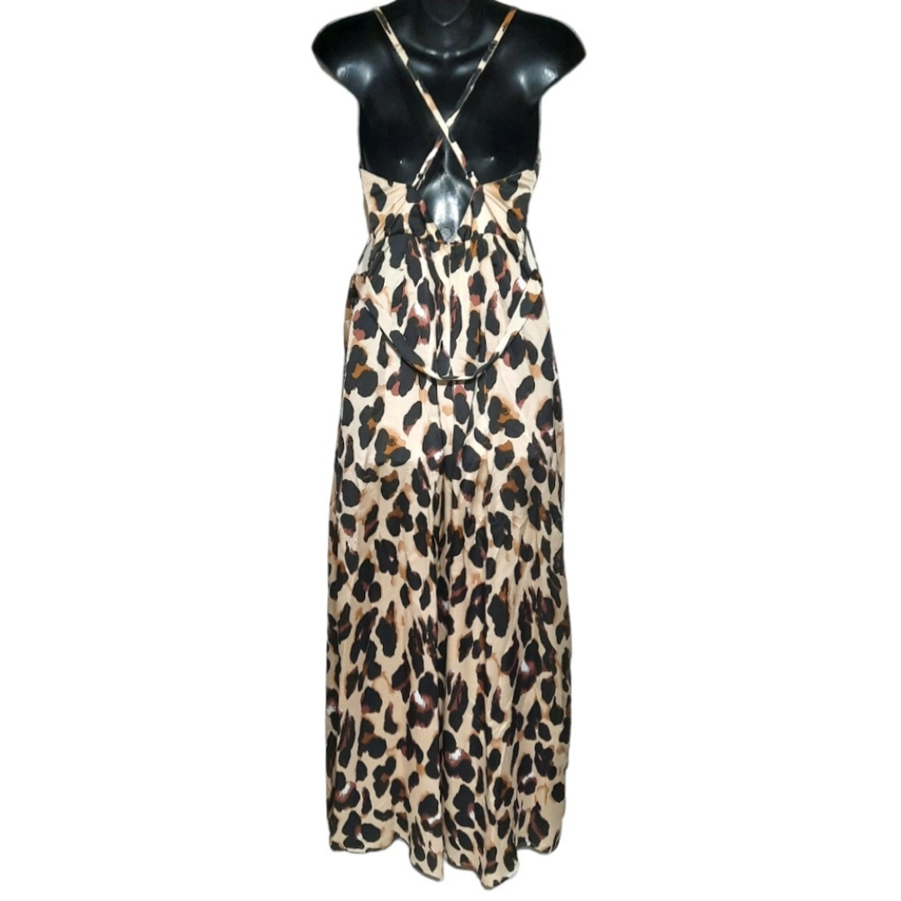 SELFIE LESLIE Wideleg Cowl Jumpsuit Strappy Satin Flowy Leopard Night Ou… - Picture 3 of 12